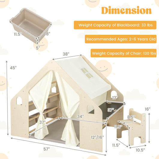 6-in-1 Kids Play Tent Playhouse with Blackboard 6 Storage Bins and Floor Cushion-Beige