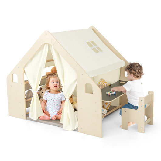 6-in-1 Kids Play Tent Playhouse with Blackboard 6 Storage Bins and Floor Cushion-Beige