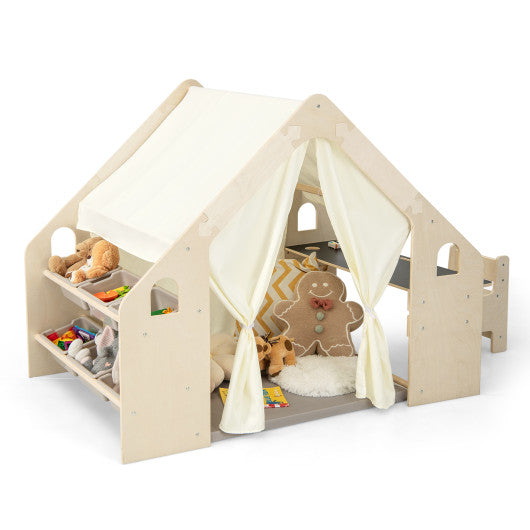 6-in-1 Kids Play Tent Playhouse with Blackboard 6 Storage Bins and Floor Cushion-Beige