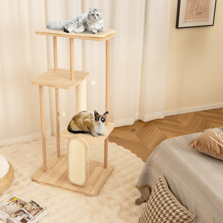 Wooden Multi-level Modern Cat Tower with Scratching Board and Post-50 inches