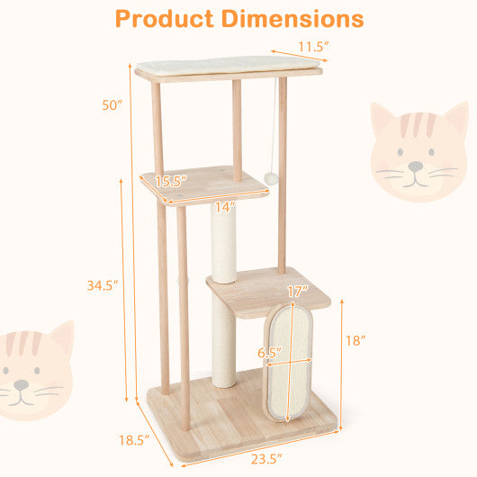 Wooden Multi-level Modern Cat Tower with Scratching Board and Post-50 inches