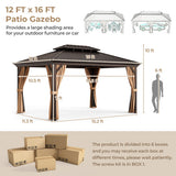 12' x 16' Double-Roof Hardtop Gazebo with Galvanized Steel Roof-Coffee