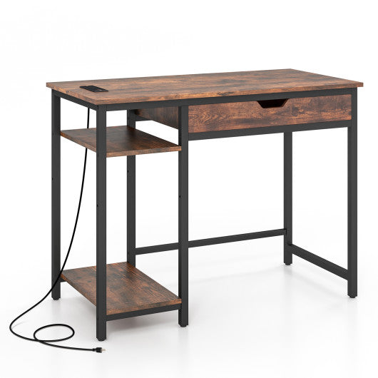 Computer Desk with Charging Station and Drawer & Adjustable Shelf-Rustic Brown