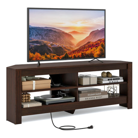 Corner TV Stand with Power Outlet and 4 Open Storage Shelves-Brown