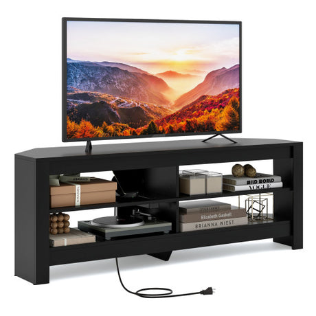 Corner TV Stand with Power Outlet and 4 Open Storage Shelves-Black