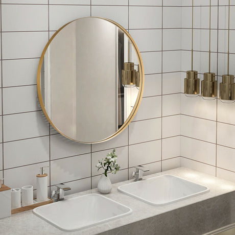 27.5" Modern Metal Wall-Mounted Round Mirror for Bathroom-Golden