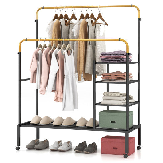 Rolling Double Rods Garment Rack with Height Adjustable Hanging Bars-Golden