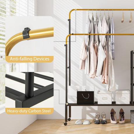 Rolling Double Rods Garment Rack with Height Adjustable Hanging Bars-Golden