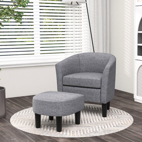 Barrel Club Chair with Ottoman Set Linen Fabric Accent Chair with Footrest-Gray