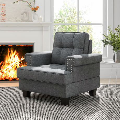 Mid-century Modern Accent Armchair Tufted Linen Club Chair-Gray
