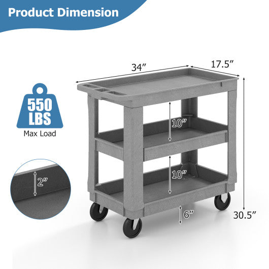 3-Tier Utility Cart with 550 LBS Max Load and Adjustable Middle Shelf-Gray