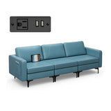 Convertible Leather Sofa Couch with Magazine Pockets 3-Seat with 2 USB Port-Blue