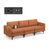 Convertible Leather Sofa Couch with Magazine Pockets 3-Seat with 2 USB Port-Orange