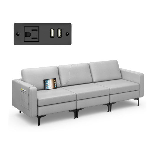 Convertible Leather Sofa Couch with Magazine Pockets 3-Seat with 2 USB Port-Light Gray