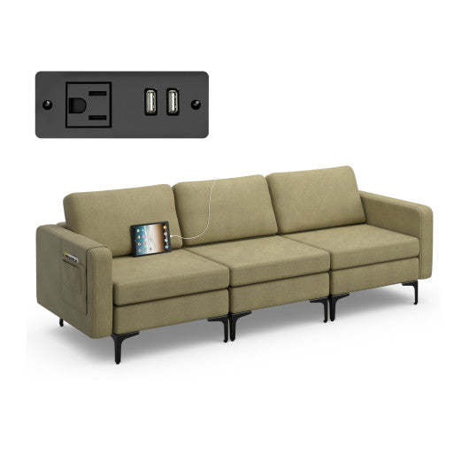 Convertible Leather Sofa Couch with Magazine Pockets 3-Seat with 2 USB Port-Green