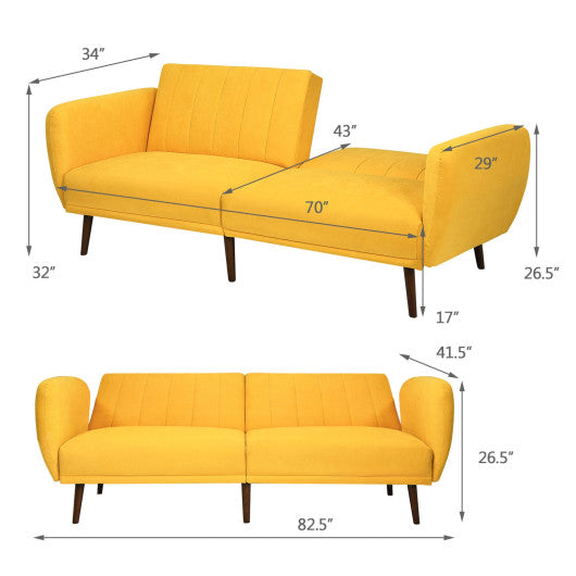 Convertible Futon Sofa Bed Adjustable Couch Sleeper with Wood Legs-Yellow