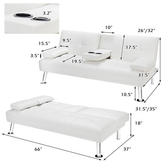 Convertible Folding Leather Futon Sofa with Cup Holders and Armrests-White