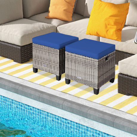 2 Pieces Patio Rattan Ottoman Seat with Removable Cushions-Navy