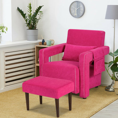 Modern Berber Fleece Single Sofa Chair with Ottoman and Waist Pillow-Red