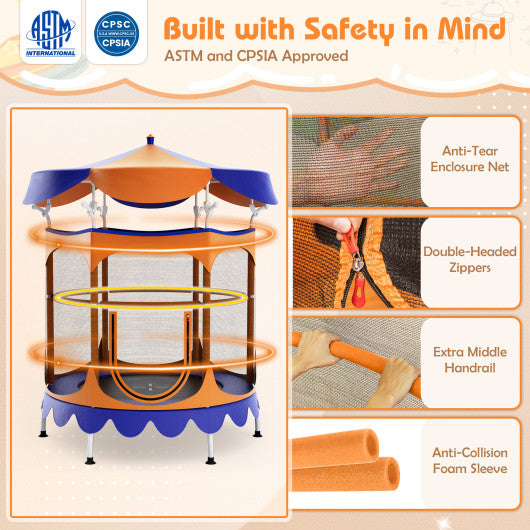 64" Kids Trampoline with Detachable Canopy and Safety Enclosure Net-Orange