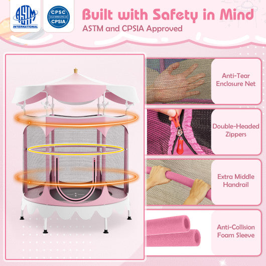 64" Kids Trampoline with Detachable Canopy and Safety Enclosure Net-Pink