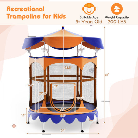 64" Kids Trampoline with Detachable Canopy and Safety Enclosure Net-Orange