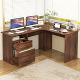 L-Shaped Computer Desk with Letter File Drawer-Walnut