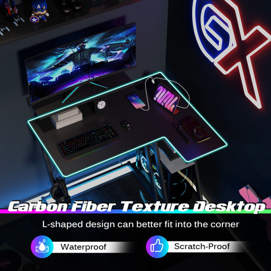 L Shaped Gaming Desk with Outlets and USB Ports-Black