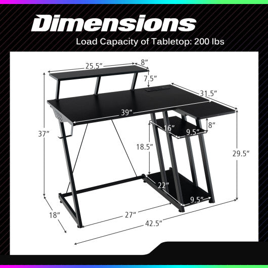 L Shaped Gaming Desk with Outlets and USB Ports-Black