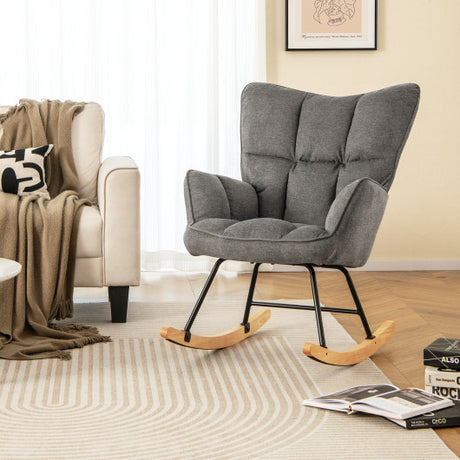 Linen Nursery Rocking Chair with High Backrest and Padded Armrests-Gray