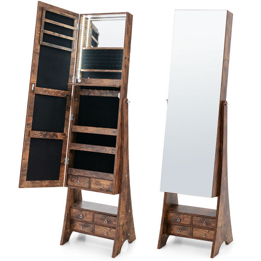 Freestanding Full Length LED Mirrored Jewelry Armoire with 6 Drawers-Rustic Brown