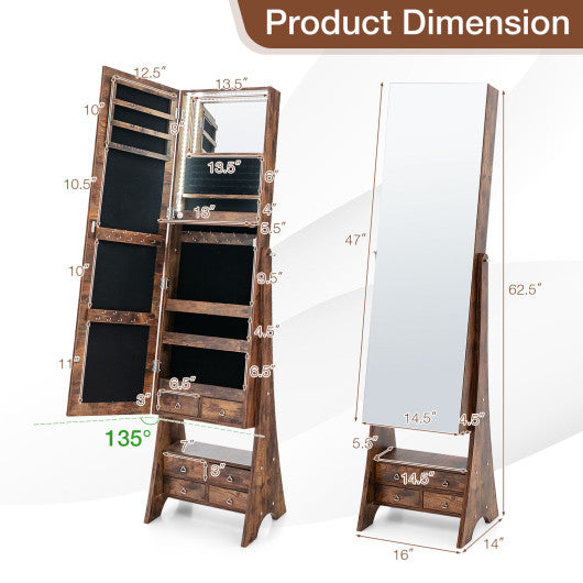 Freestanding Full Length LED Mirrored Jewelry Armoire with 6 Drawers-Rustic Brown