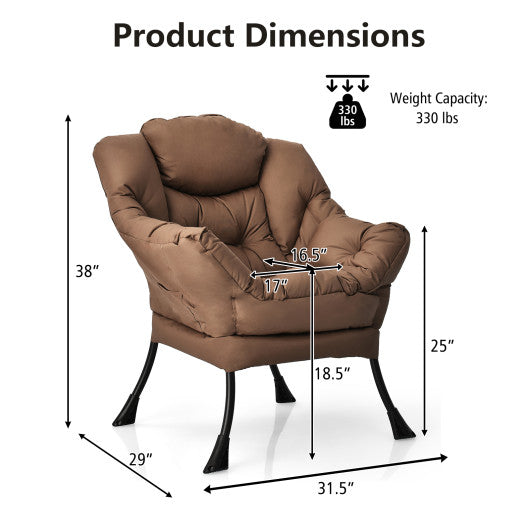 Modern Polyester Fabric Lazy Chair with Steel Frame and Side Pocket-Brown