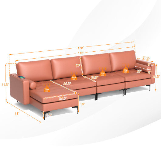 Modular L-shaped Sectional Sofa with Reversible Chaise and 2 USB Ports-Pink