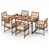 7 Pieces Patio Acacia Wood Dining Set with Soft Cushions and Umbrella Hole-Natural