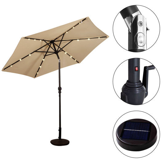 9FT Patio Solar Umbrella LED Patio Market Steel Tilt W/ Crank Outdoor New-beige