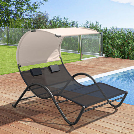 Outdoor Double Chaise Lounge Chair with Sunshade Canopy and Headrest Pillows-Black