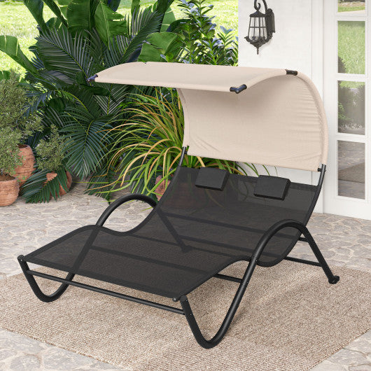 Outdoor Double Chaise Lounge Chair with Sunshade Canopy and Headrest Pillows-Black