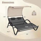 Outdoor Double Chaise Lounge Chair with Sunshade Canopy and Headrest Pillows-Black