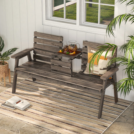 Outdoor Fir Wood Bench with Foldable Middle Table-Gray