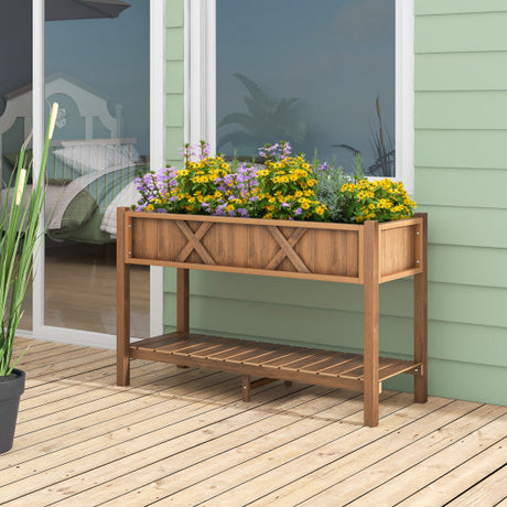 Poly Wood Elevated Planter Box with Legs Storage Shelf Drainage Holes-Coffee
