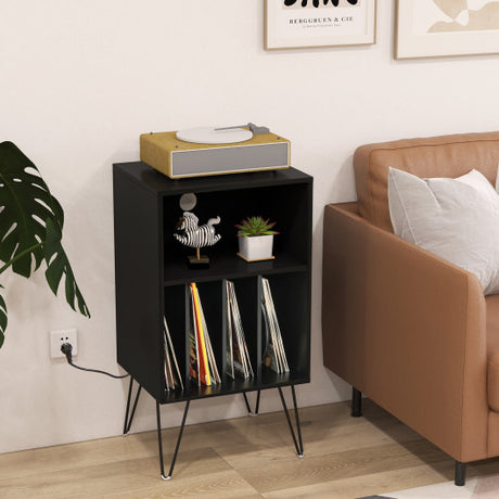 Record Player Stand with Charging Station for Living Room Bedroom-Black