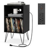 Record Player Stand with Charging Station for Living Room Bedroom-Black