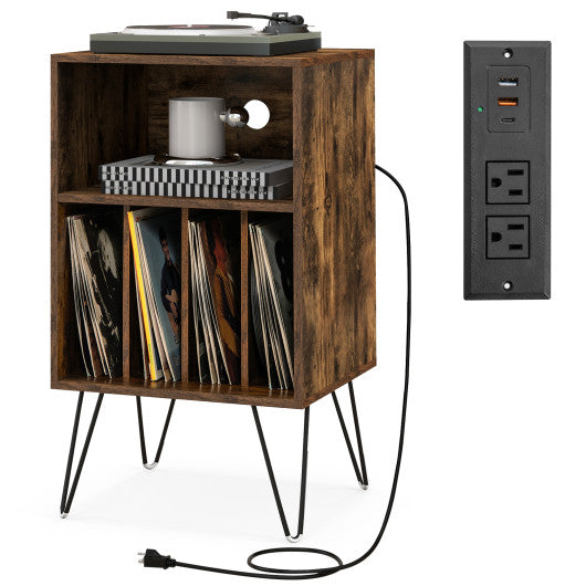 Record Player Stand with Charging Station for Living Room Bedroom-Rustic Brown