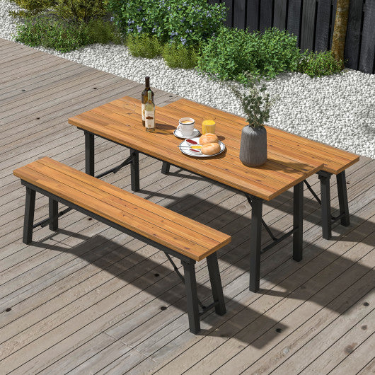 Outdoor Dining Table and Bench Set with Acacia Wood Top for Yard Garden Poolside