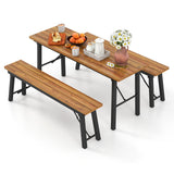 Outdoor Dining Table and Bench Set with Acacia Wood Top for Yard Garden Poolside