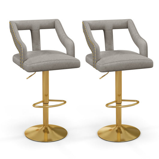 Set of 2 Bar Chairs with Footrest and 2-Layer Electroplated Metal Base-Gray