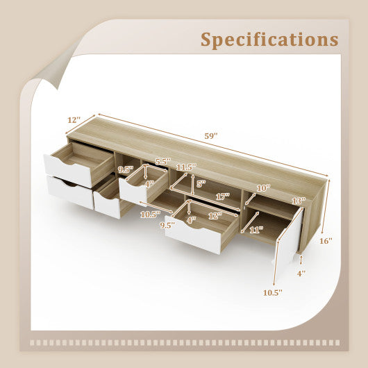 TV Stand for TVs up to 65” Television Cabinet w/ 5 Drawers & 3 Open Shelves-Oak