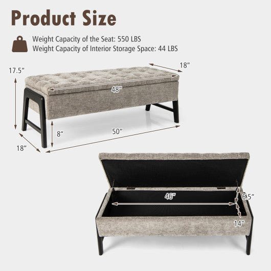Modern Chenille Storage Bench with Solid Rubber Wood Legs-Gray