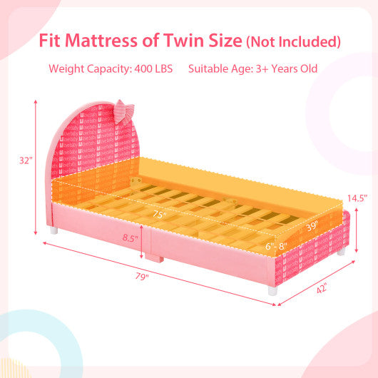 Wood Upholstered Twin Bed Platform with Slat Support-Pink